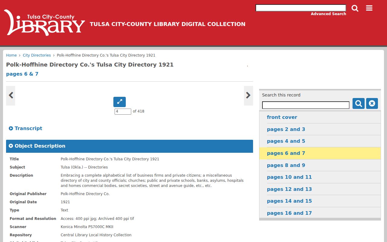Owasso city directory screenshot of the TCCL digitized 1921 directory collection