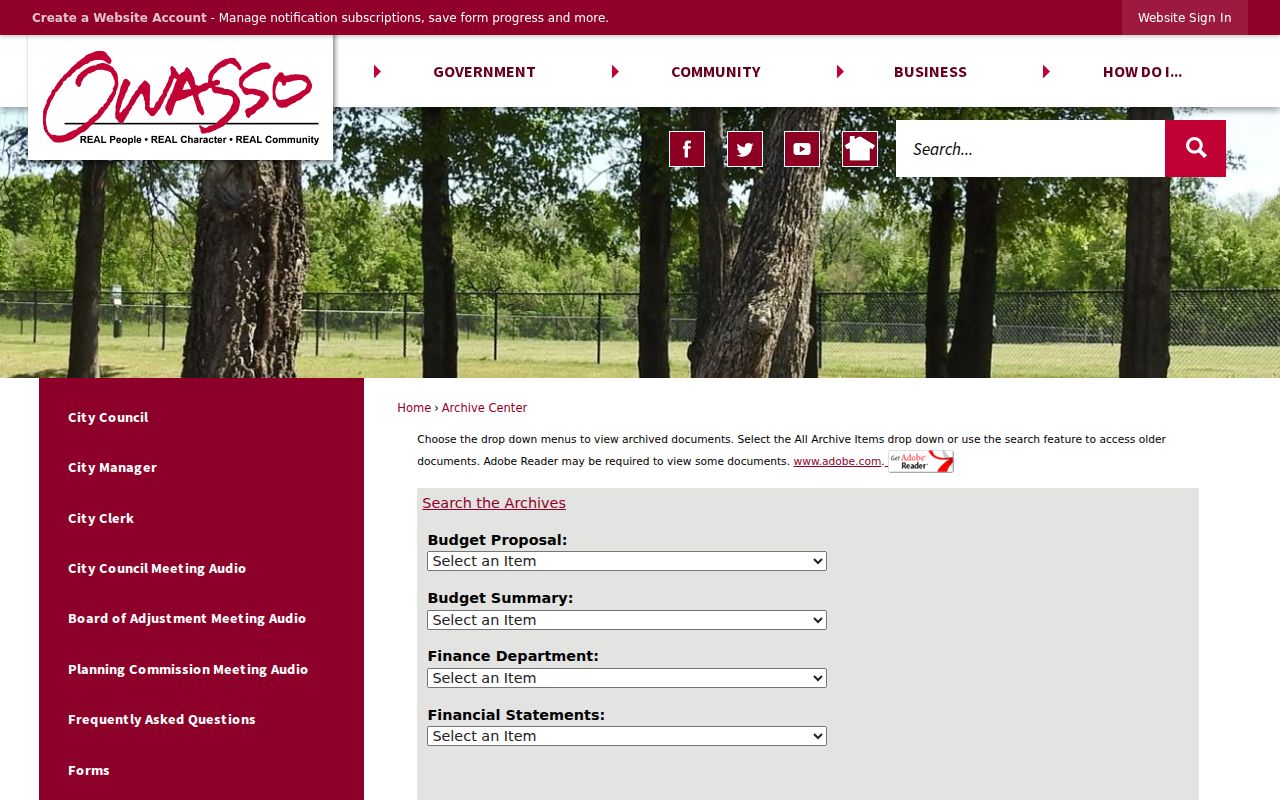 Owasso residents directory source showing City Archive keyword, category, and date-range search controls