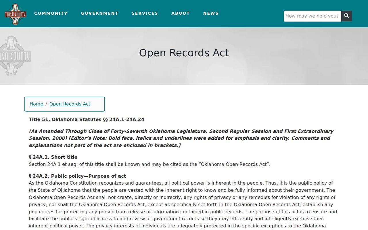 Owasso residents directory source showing Tulsa County Open Records Act inspection and copy guidance