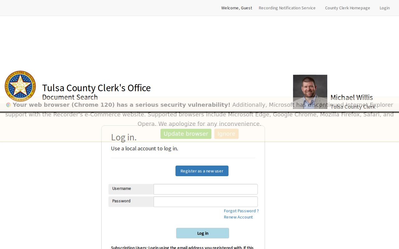 Owasso previous residents screenshot of the Tulsa Acclaim grantor and grantee name search login gate