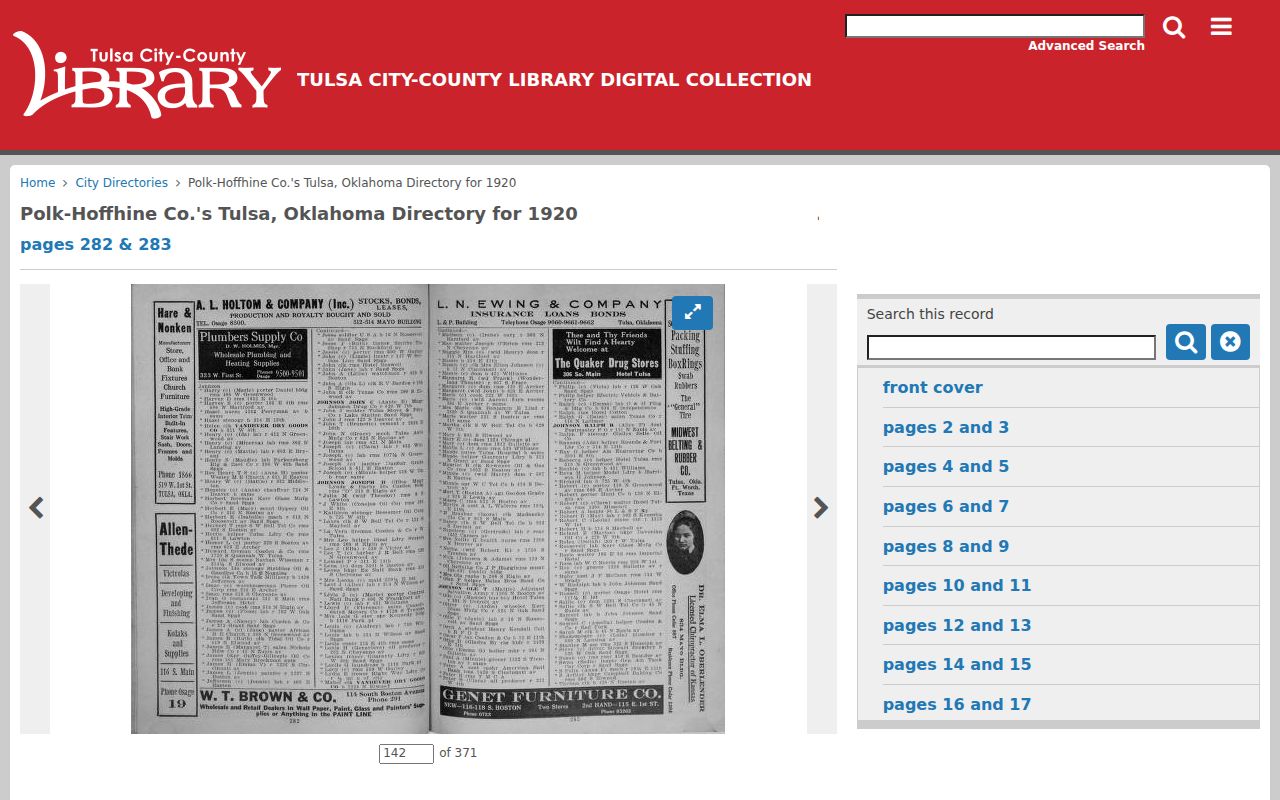 Owasso previous residents screenshot of a TCCL 1920 city directory sample page