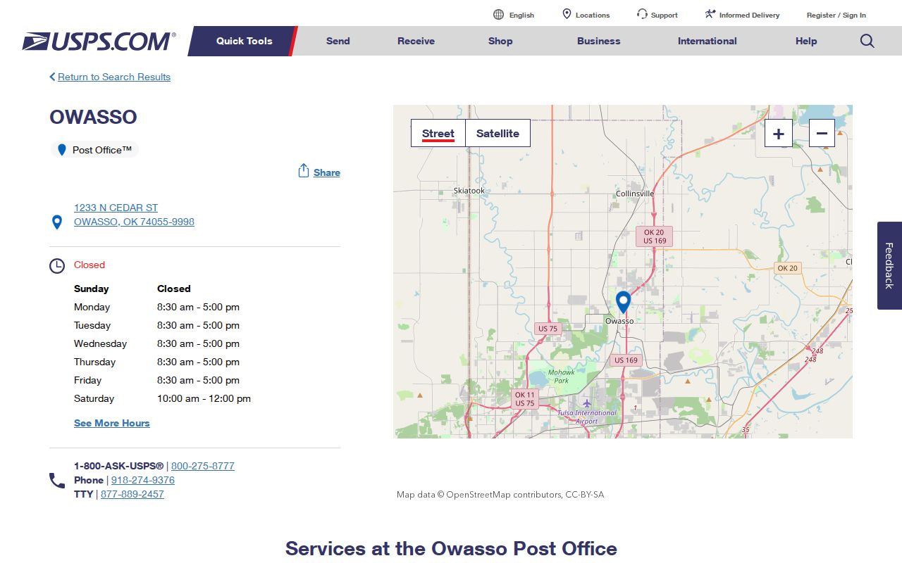 Owasso ZIP code directory showing the 74055 post office listing